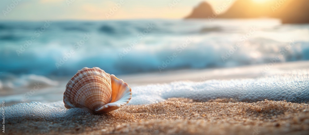Poster Shell on the beach by the sea. with copy space image. Place for adding text or design