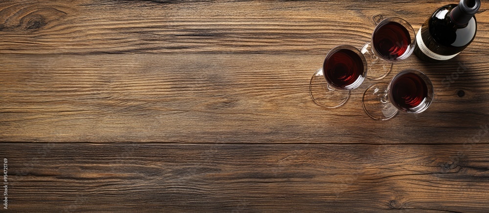 Poster bottle of wine and glass cups on a wooden surface top view with copyspace