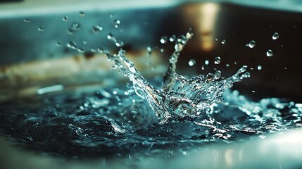 Closeup view of water splashing and cascading into a sink from a running faucet creating a dynamic and captivating display of motion texture and fluid dynamics