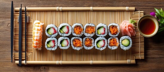 Sushi rolls rest on a bamboo straw serving mat Traditional Asian cuisine Top view Flat lay minimalism shot with copy space
