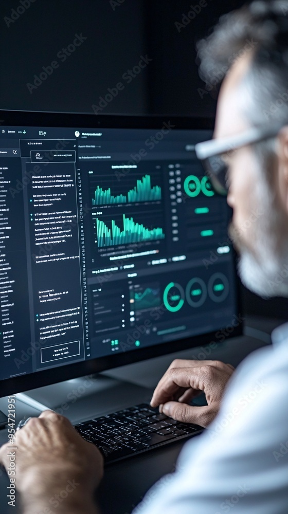 Poster user accessing a website s backend with a dashboard full of analytics, data-driven web management, u