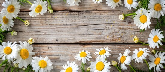 Obraz premium A frame crafted from lovely chamomile flowers set against a wooden background. with copy space image. Place for adding text or design