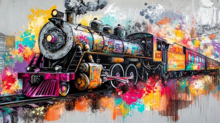 Obraz premium A vibrant and colorful painting of a steam train adorned with abstract splashes of paint, capturing the dynamic movement and energy of travel and creativity.