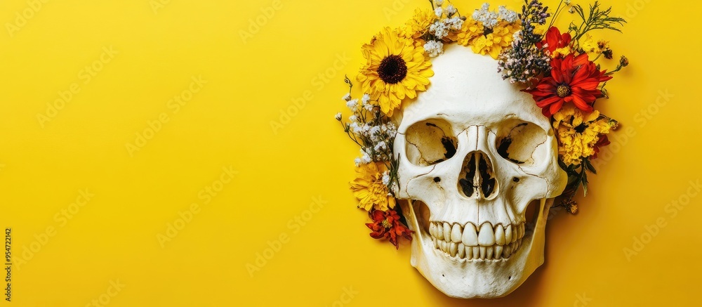 Poster human skull adorned with beautiful flowers on a yellow background close up. with copy space image. p