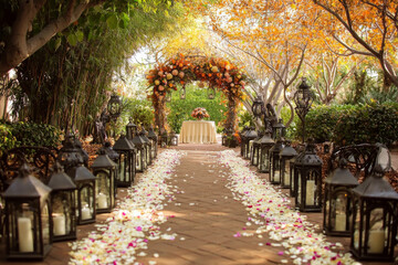 Obraz premium A beautifully arranged outdoor wedding venue with floral decorations, lanterns, and a romantic atmosphere.