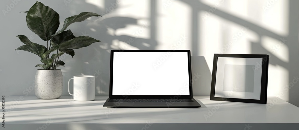 Aufkleber Mockup laptop with a blank screen a picture frame and a coffee cup on a white table. with copy space image. Place for adding text or design