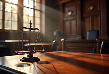 Legal Scale in an Empty Courtroom with Polished Wood Furniture