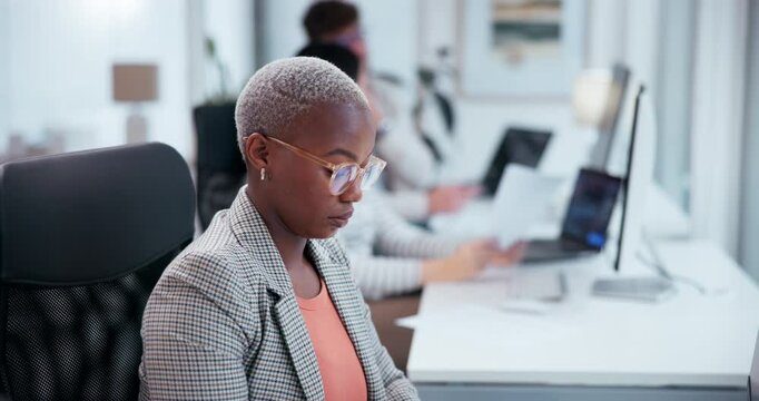 Office, work and black woman with glasses at desk for information technology, network and clear vision. Programming, business and developer with computer for backend development, server and testing