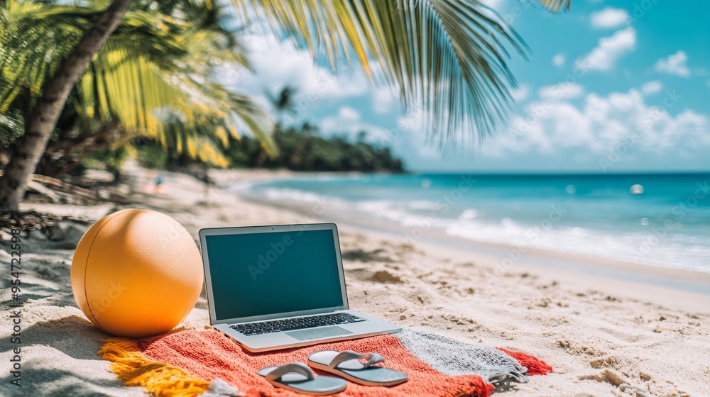 Aufkleber Work-from-beach setup with a laptop on a beach towel near the waters edge palm trees sway in the background while a beach ball and flip-flops add to the relaxed vibe representing the perfect