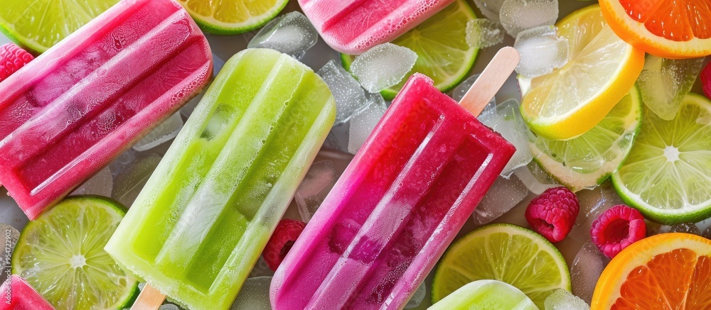 Poster refreshing mexican style ice pops raspberry lime honeydew margarita paletas popsicles overhead view 