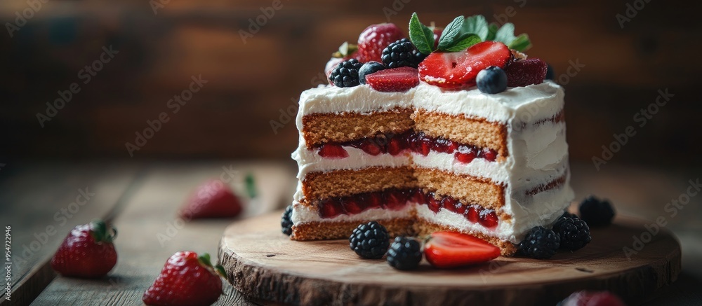Fototapete layered cake with chantilly cream and slices of fresh fruit in a rustic style. with copy space image