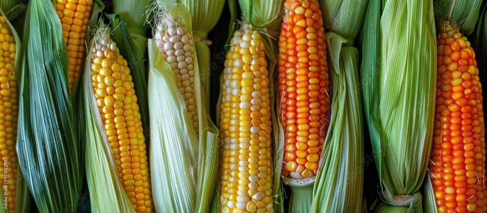 Poster fresh corn cobs on a colorful background. with copy space image. place for adding text or design