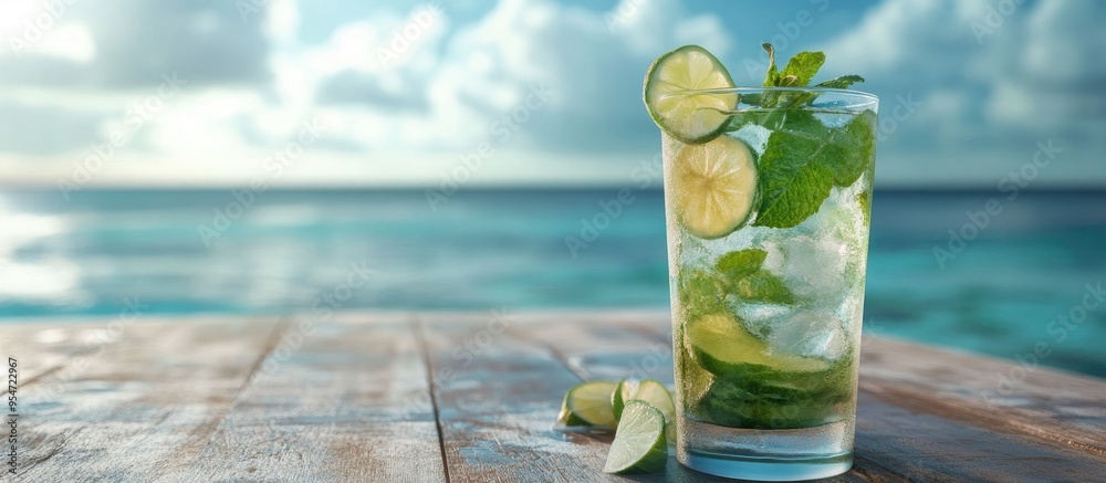 Poster Mojito cocktail on a table with a sea backdrop. with copy space image. Place for adding text or design