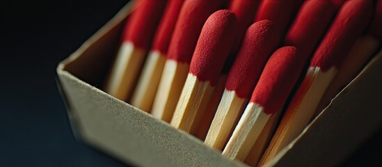 Naklejka premium Matches in a box with a carton background Macro photography Close up image Many matches resting in a matchbox on a black background. with copy space image. Place for adding text or design