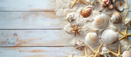 Obraz premium Summer holiday travel backdrop featuring seashells and accessories on a vintage wooden surface with copy space Top view Flat lay
