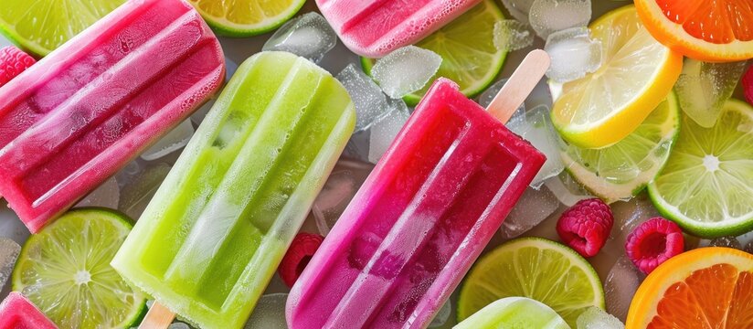 Refreshing Mexican style ice pops raspberry lime honeydew margarita paletas popsicles Overhead view Cinco de Mayo recipe copyspace