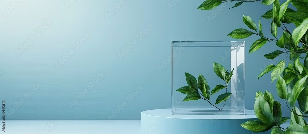 Poster Transparent cube podium with leaves on a blue background for products a stylish showcase mock up for exhibition and presentation of goods. with copy space image. Place for adding text or design