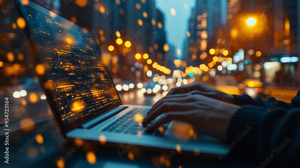 Aufkleber cityscape workspace showing a digital nomad working on a laptop at a rooftop bar overlooking a busy 