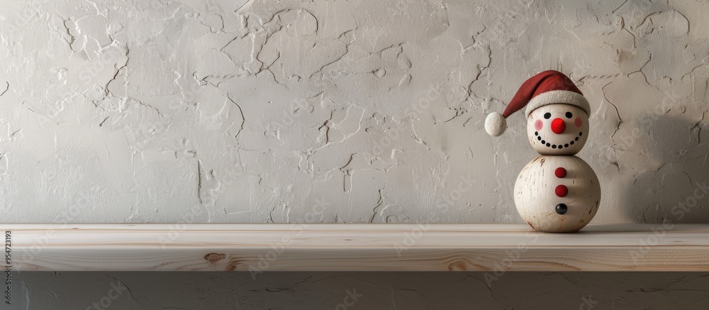 Poster A humorous wooden snowman featuring a red nose and a hat is placed on a shelf against an off white backdrop with some empty space above. with copy space image. Place for adding text or design