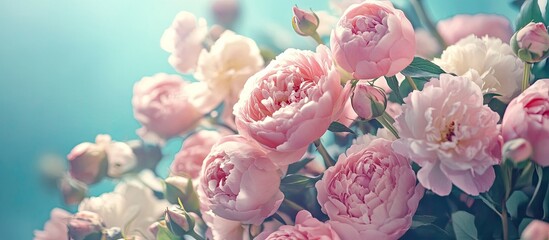 Obraz premium Bouquet of fresh pink peonies and roses Card concept pastel hues close up image. with copy space image. Place for adding text or design