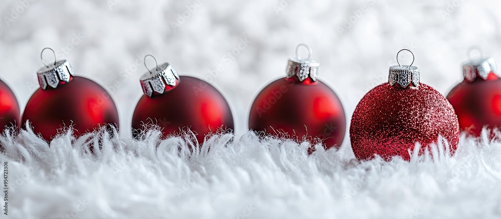 Poster red glass christmas ornaments on a white fluffy background. with copy space image. place for adding 