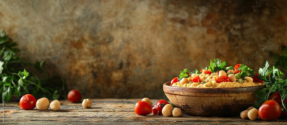 Poster hummus a vegetarian dish set against a rustic background with copyspace