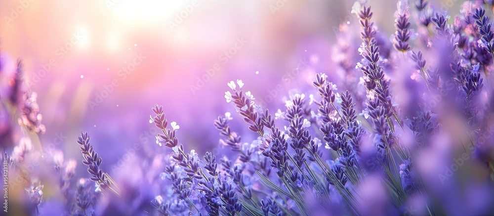 Poster bunches of lavender flowers in a dense bouquet placed on green grass with selective focus space for 