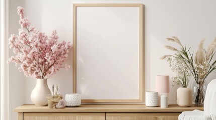 Cozy and stylish interior of living room with mock up poster frame, wooden console, flowers in vase, decorations and personal accessories. Modern home decor. Template. 