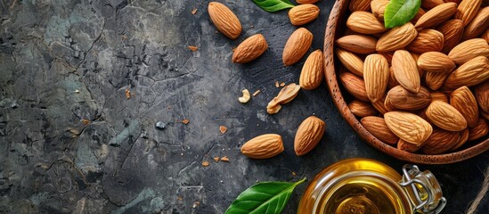 Fototapeta premium Almond oil and nuts on a light background Concept of vegetarian fats. with copy space image. Place for adding text or design