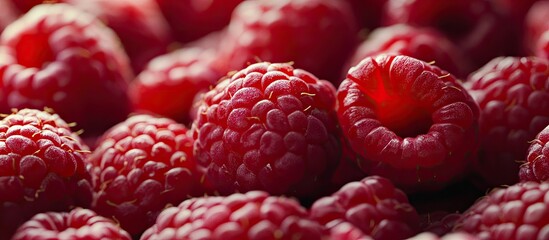 Raspberries Fresh juicy raspberries on a vibrant background Close up. with copy space image. Place for adding text or design