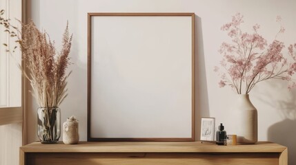 Cozy and stylish interior of living room with mock up poster frame, wooden console, flowers in vase, decorations and personal accessories. Modern home decor. Template. 