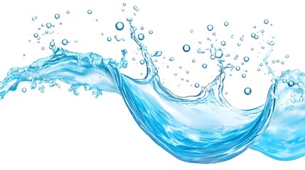 Blue Water Splash with Bubbles on White Background