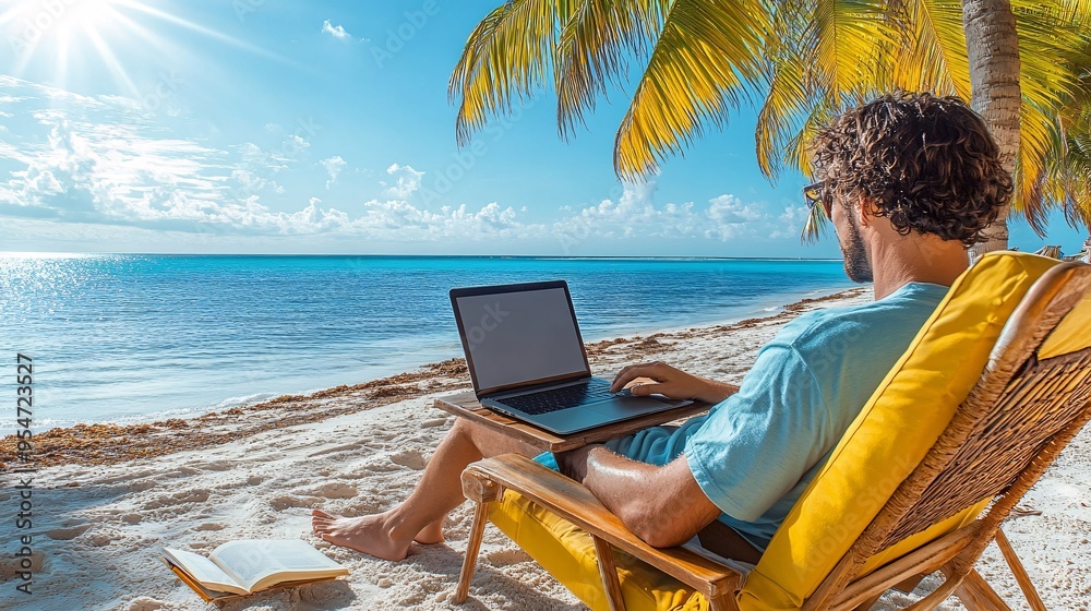Poster work-from-beach setup with a person reclining on a beach chair working on a laptop with a scenic vie