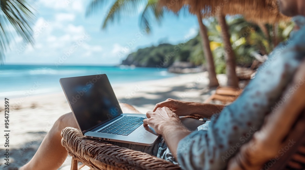 Aufkleber Work-from-beach setup with a person reclining on a beach chair working on a laptop with a scenic view of the ocean in the background palm trees provide shade while a light breeze ruffles the pages of