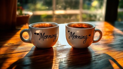 Obraz premium Two coffee cups labeled 'Morning' sit on a sunlit wooden table, creating a cozy and inviting atmosphere perfect for starting the day with warmth and comfort.
