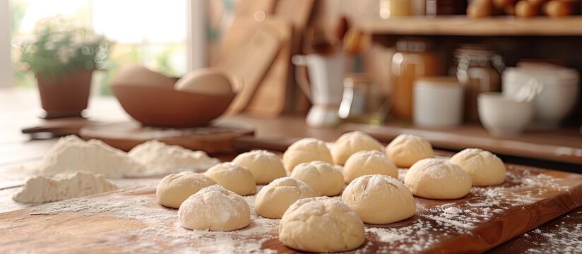 Ingredients for dough and a rolling pin on a light backdrop. with copy space image. Place for adding text or design