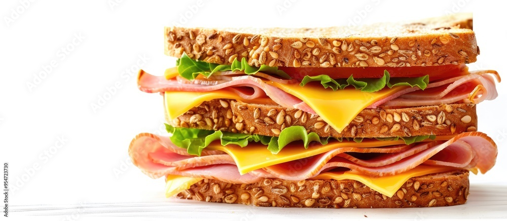 Poster Slices of a toasted ham and cheese sandwich arranged in a row A toasted double ham and cheese sandwich presented on a white plate background. with copy space image. Place for adding text or design