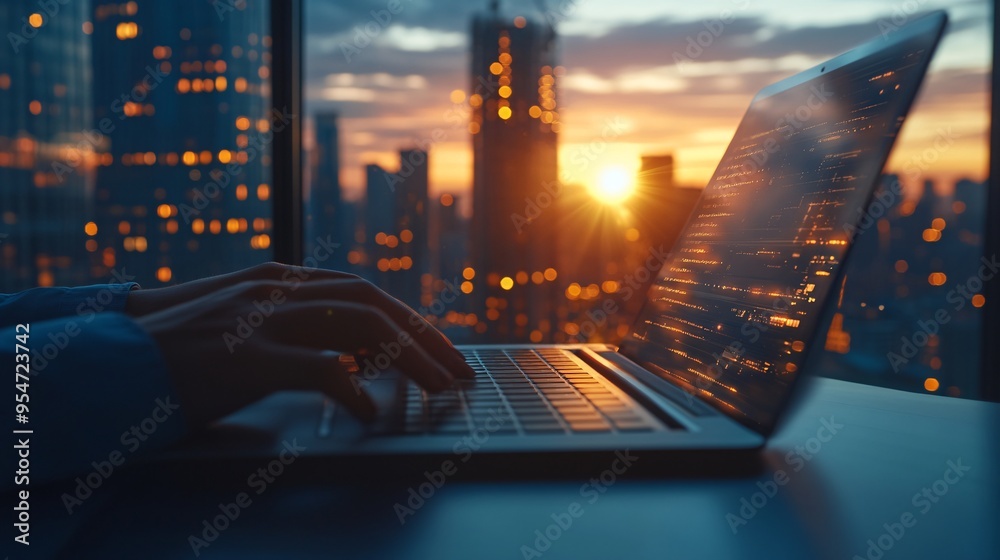 Poster cityscape workspace featuring a person working on a tablet at a rooftop cafe during sunset the warm 