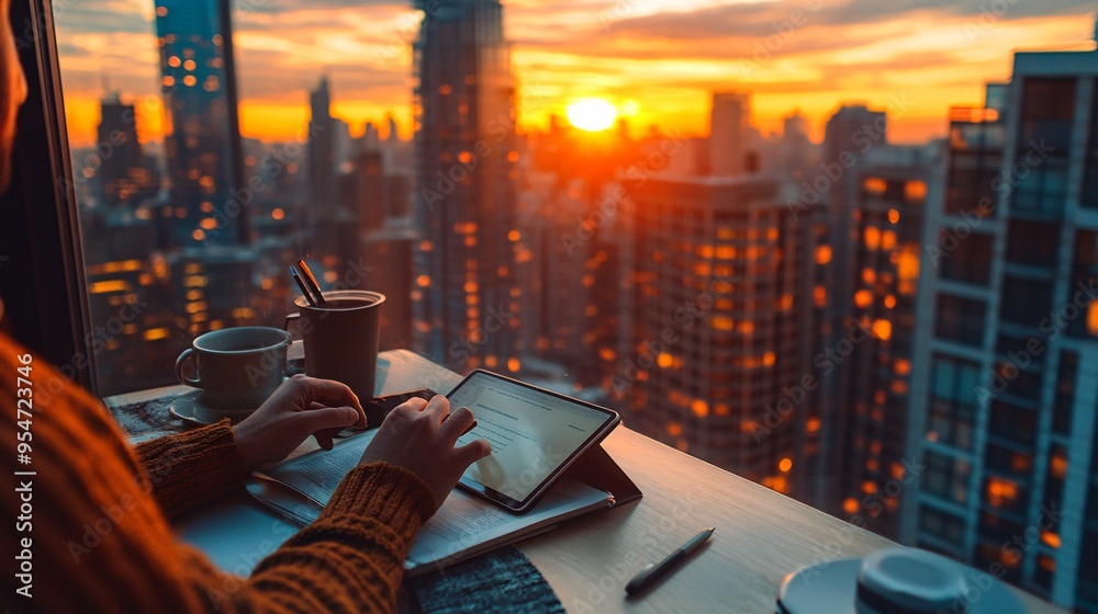 Poster cityscape workspace featuring a person working on a tablet at a rooftop cafe during sunset the warm 