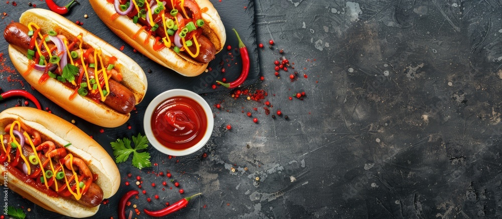 Poster hot dogs topped with condiments and potato wedges corner border overhead view on a dark stone backgr