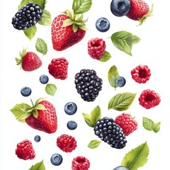 Flying fresh berries: Strawberries, Raspberries, Blueberries and Blackberries on white background.