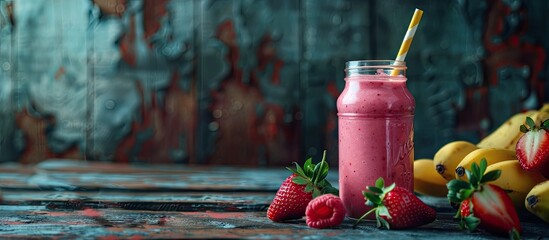 Jar of tasty homemade strawberry and banana smoothie on a wooden surface. with copy space image. Place for adding text or design