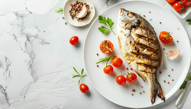 Flat lay composition with grilled fish on light grey marble table. Space for text