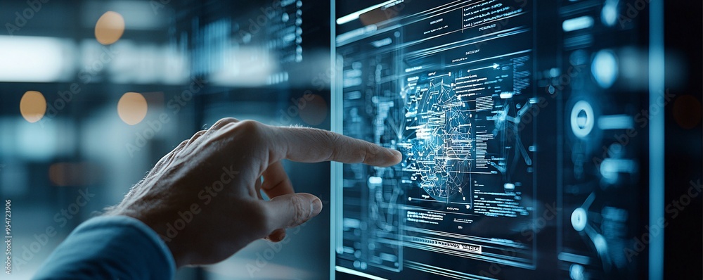 Poster user interacting with a website prototype on a large touch screen, interactive design concept, user 