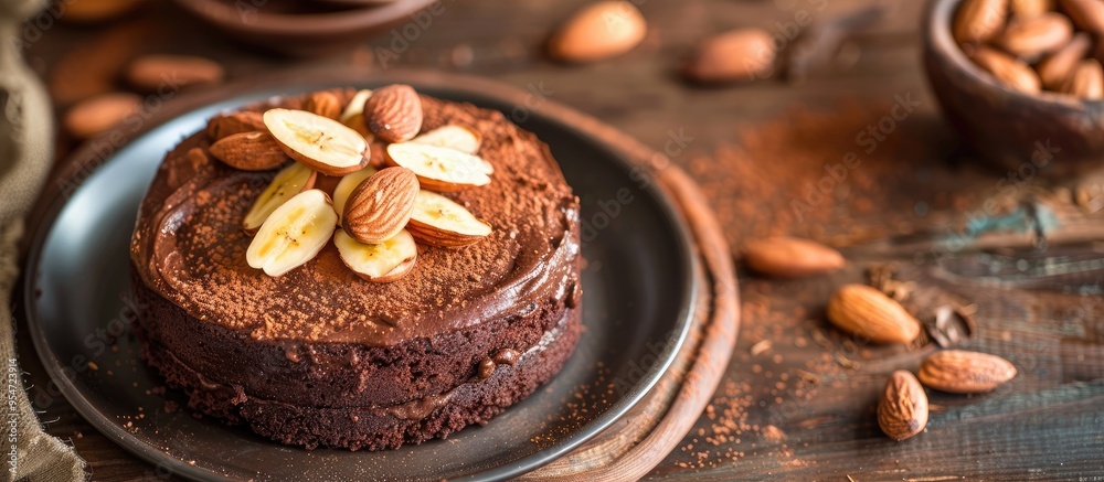Poster Close up of banana cake topped with almonds on a plate with cocoa on a background of aged wood. with copy space image. Place for adding text or design