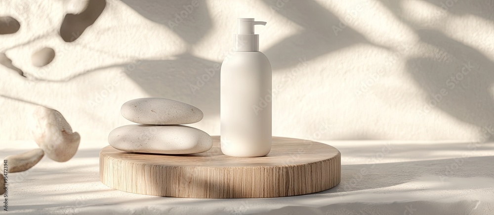 Poster white bottle with a dispenser for a cosmetic product placed on a wooden stand accompanied by natural