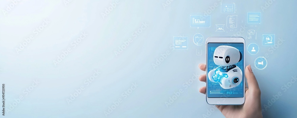 Poster virtual assistant helping in website navigation on a mobile device, ai integration in web design, mo