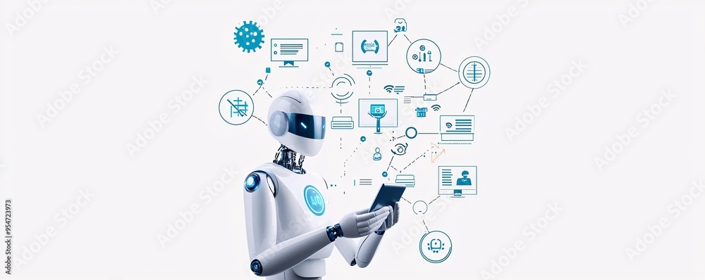 Poster virtual assistant helping in website navigation on a mobile device, ai integration in web design, mo