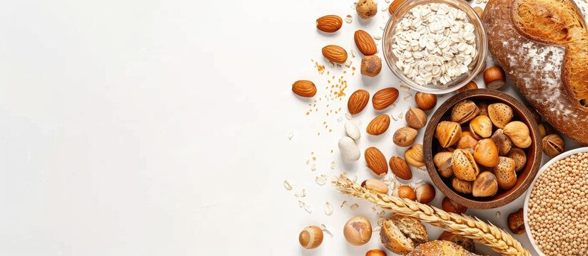 Food allergens on a white background Copyspace Close up view Concept of food allergies
