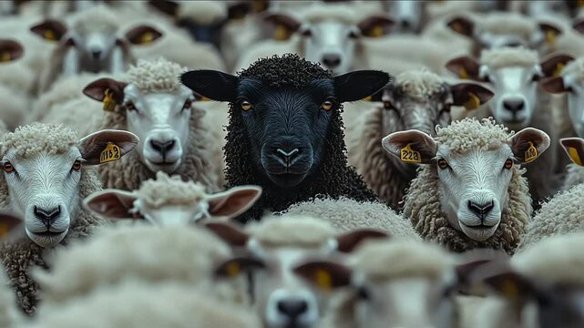 A black sheep surrounded by a flock of white sheep